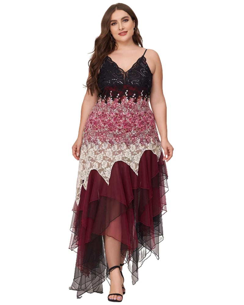 Front of a model wearing a size 22 V Neck Asymmetrical Hems Cocktail Dresses in Burgundy by Ever-Pretty. | dia_product_style_image_id:293638